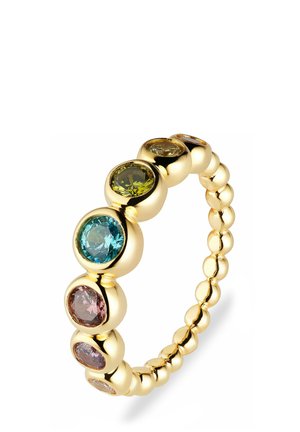 Anello d'oro caratterizzato da una fila di gemme tonde multicolori incastonate in bezels circolari, con un design di banda perlato e una finitura lucidata.
