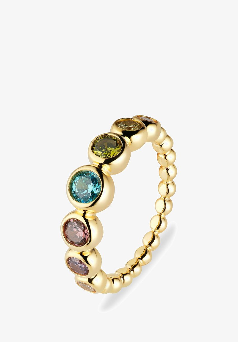 Anello d'oro caratterizzato da una fila di gemme tonde multicolori incastonate in bezels circolari, con un design di banda perlato e una finitura lucidata.