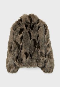 Jakke i grå kunstpels med sorte pletter, med rundet halsudskæring og blød, tekstureret finish. Designet som en kort model.