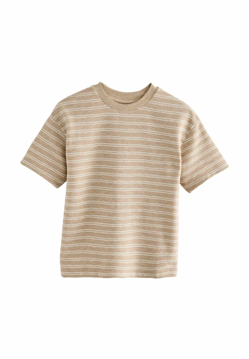 Beige short-sleeve T-shirt with horizontal white stripes, made of soft fabric, featuring a crew neckline and relaxed fit.