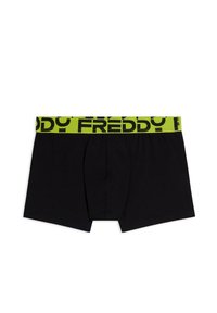 Boxer neri con una fascia elastica verde brillante con la scritta "FREDDY" in nero. Tessuto liscio con design aderente e tasca frontale.
