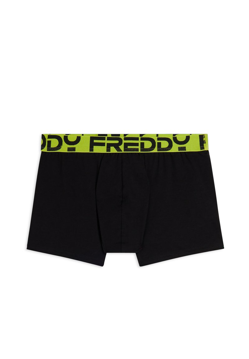 Boxer neri con una fascia elastica verde brillante con la scritta "FREDDY" in nero. Tessuto liscio con design aderente e tasca frontale.
