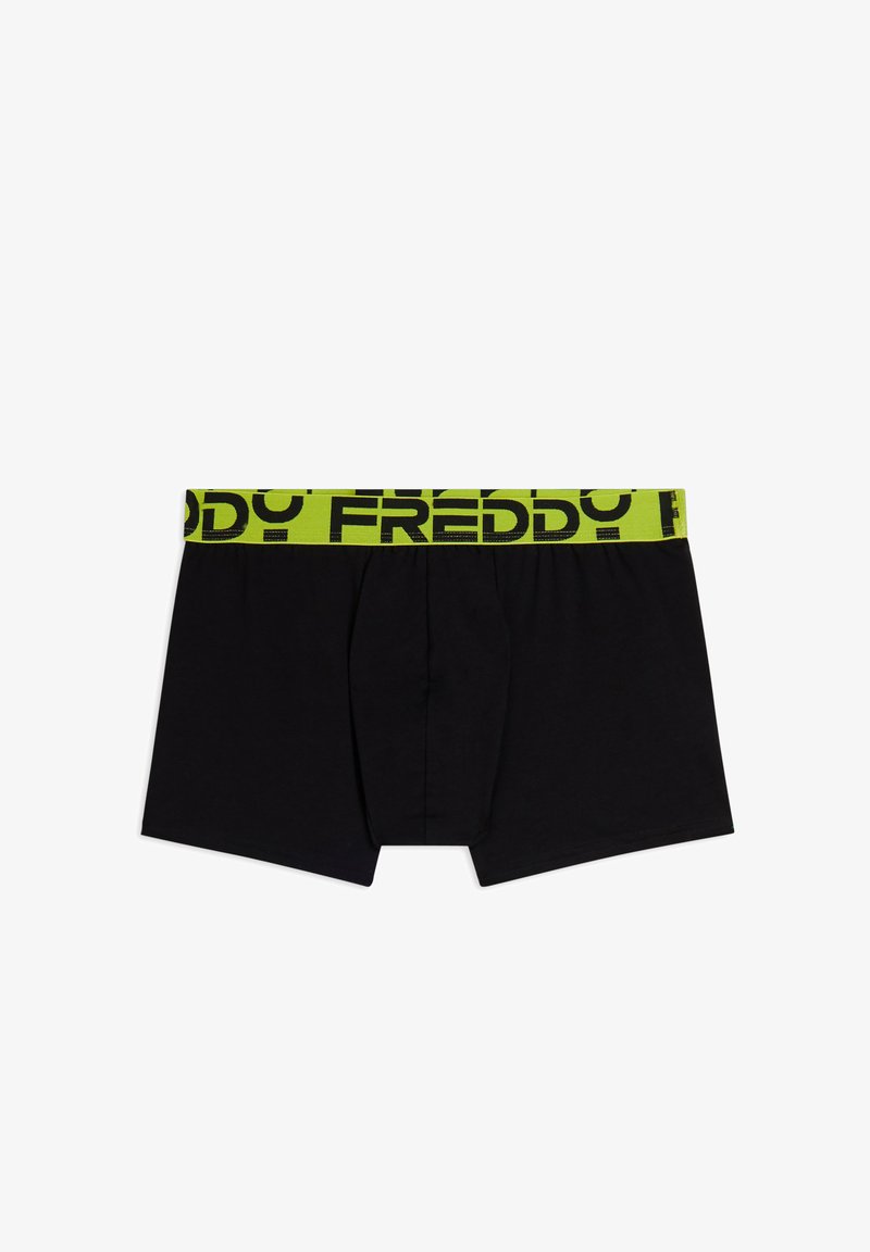 Boxer neri con una fascia elastica verde brillante con la scritta "FREDDY" in nero. Tessuto liscio con design aderente e tasca frontale.