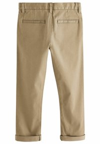Pantalons beiges avec ourlets retroussés, présentant une texture lisse, des poches arrière plates et un design de ceinture simple.