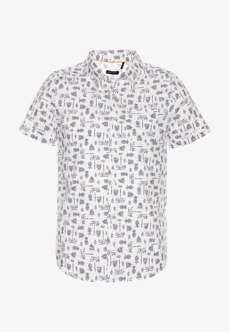 Chemise blanche à manches courtes avec boutons, imprimé feuilles tropicales et ananas noirs et jaunes, avec une poche poitrine à l'avant.