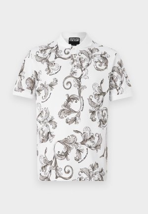 White polo shirt with ornate gray floral pattern, short sleeves, and a classic collar. Features subtle branding on the fabric.