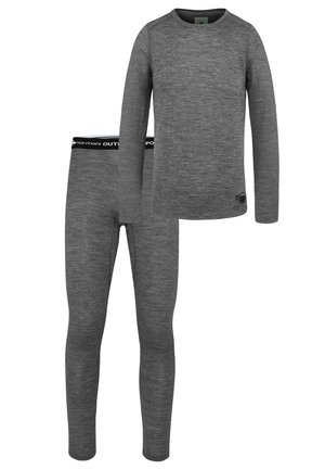 Graues, feuchtigkeitsableitendes Thermoset, bestehend aus einem langärmeligen Oberteil mit rundem Halsausschnitt und einer Hose mit elastischem Bund und Branding.