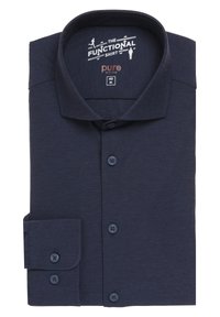 Navyblauwe kortemouwen overhemd met knopen, gemaakt van een gladde stof. Kenmerkt zich door een puntkraag en een enkele manchette met twee knopen.