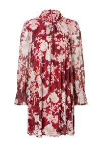 Bluse mit floralem Muster in Rot und Creme, mit hohem Kragen, gefältelter Vorderseite und langen Ärmeln mit Rüschensaum. Aus transparenter Stoff gefertigt.