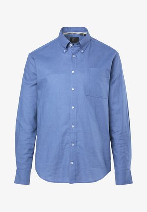 Light blue button-up shirt made of soft fabric. Features a pointed collar, central button placket, and a chest pocket. Long sleeves.
