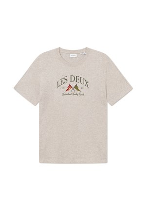 Light gray t-shirt in cotton with a crew neckline. Features a printed design with flags and text "LES DEUX EST. 2011" in green and red.