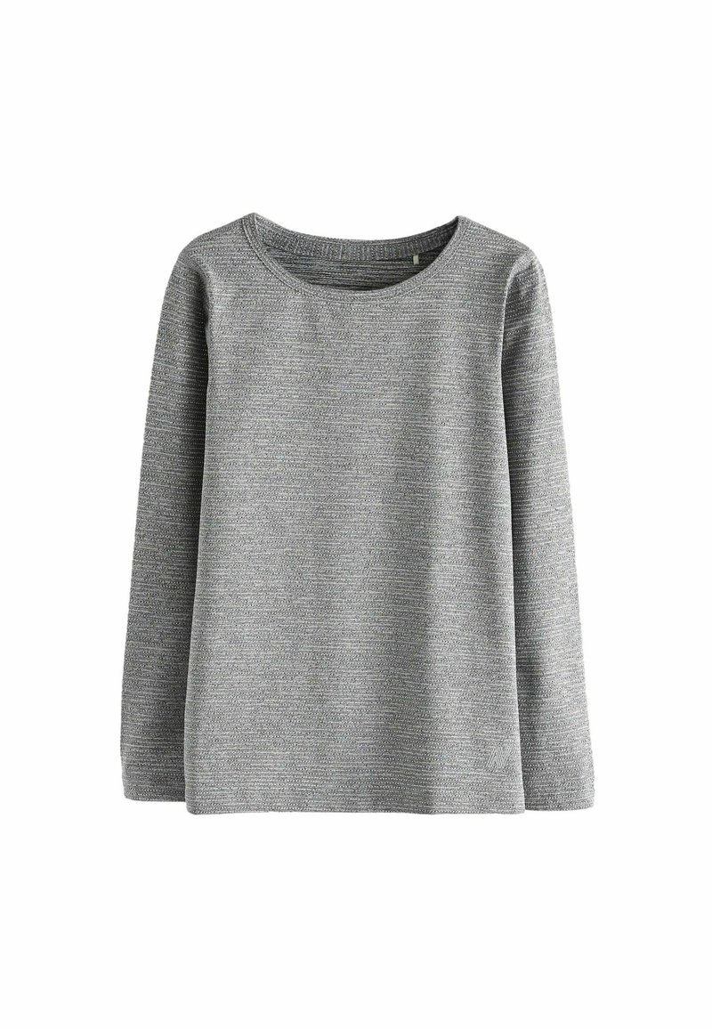 Langærmet sweater med rund hals i lys grå strikstof med et tekstureret, horisontalt mønster. Designet har en afslappet pasform og enkelhed.
