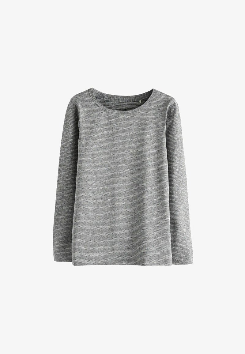 Langärmliger Pullover mit Rundhalsausschnitt aus leichtgrauem Strickstoff mit einem strukturierten, horizontalen Muster. Das Design zeichnet sich durch eine lässige Passform und Schlichtheit aus.