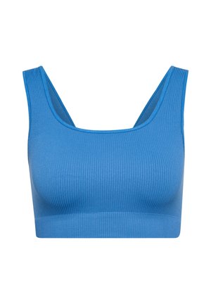 Blaues geripptes Crop Top mit breiten Schulterträgern und tailliertem Design, hergestellt aus einem glatten, dehnbaren Material, das sich gut zum Schichten oder für Sportbekleidung eignet.