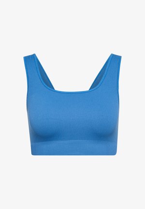 Blauwe geribbelde crop top met brede schouderbanden en een aansluitend ontwerp, gemaakt van een gladde, rekbare stof die geschikt is voor lagen of sportkleding.