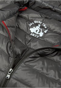 El interior de la chaqueta acolchada negra muestra una tela acolchada con una textura brillante, presentando un logo plateado y un acento rojo a lo largo del cierre.