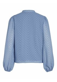 Blouse bleu clair à manches longues avec motif chevron, manches bouffantes et poignets élastiques, vue de dos sur fond blanc.