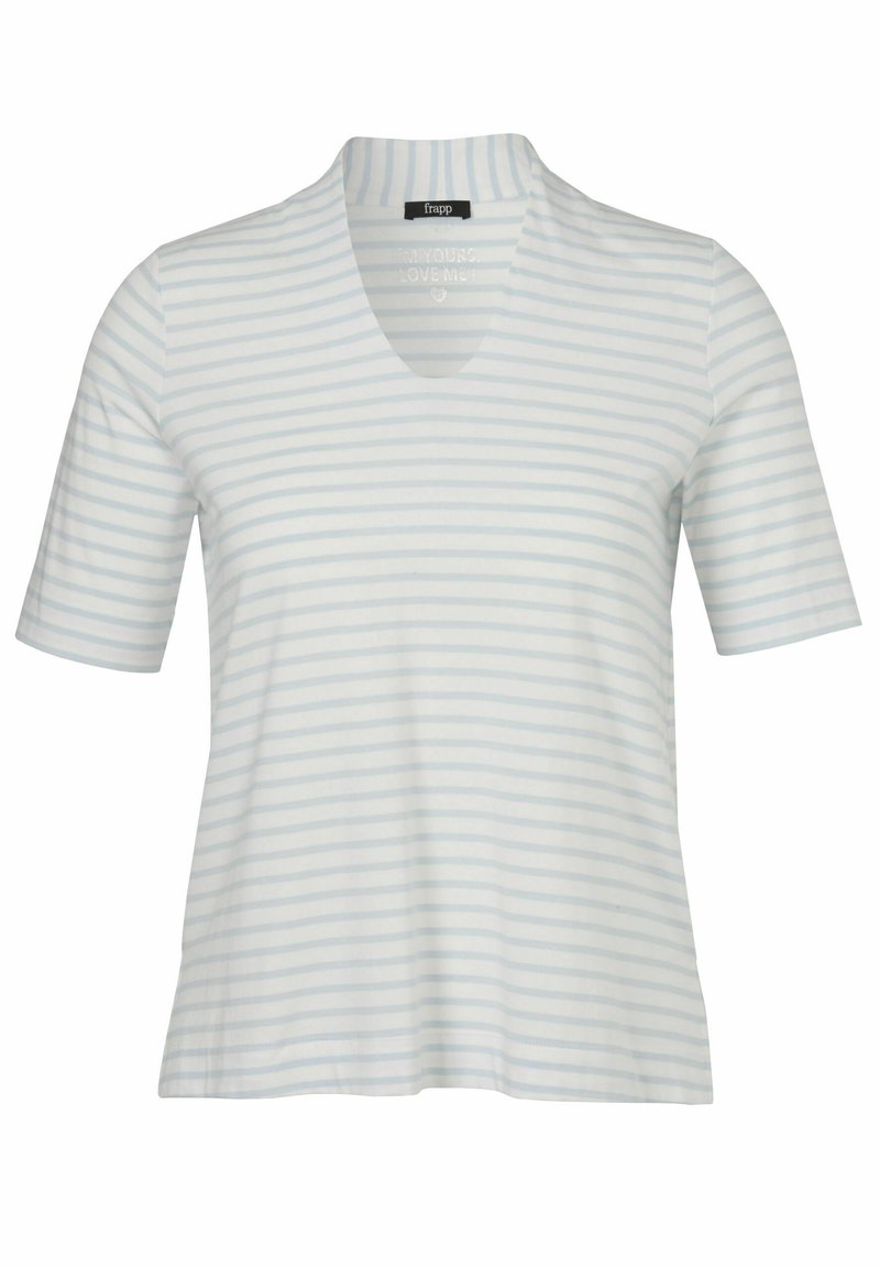 Lichtblauw en wit gestreept T-shirt met korte mouwen en een V-halsontwerp van zacht stof. Casual pasvorm, geschikt voor dagelijks gebruik.