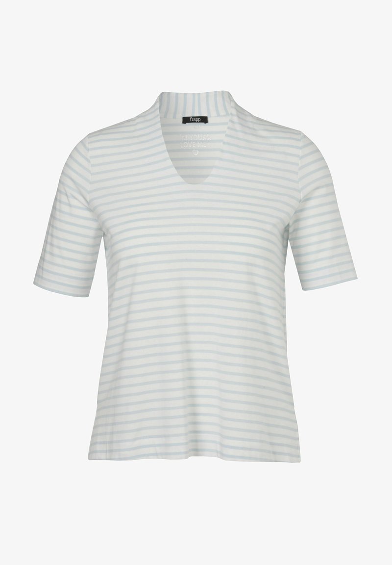 Light blue and white striped short-sleeve top with a V-neck design and soft fabric texture. Casual fit, suitable for everyday wear.