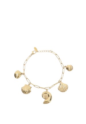 Bracciale a catena dorata con cinque ciondoli a forma di conchiglia, con vari design di conchiglie e chiusura a moschettone.