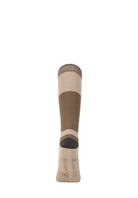 Kniesokken in tinten bruin en beige met een grijze teen. Kenmerkend voor het gestreepte patroon en de geribde boord, gemaakt van een zacht, flexibel materiaal.