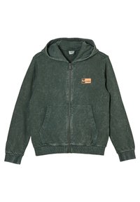 Sweat à zip vert en tissu doux. Doté d'une grande capuche, de deux poches avant et d'une petite étiquette de marque sur la poitrine. Texture usée.