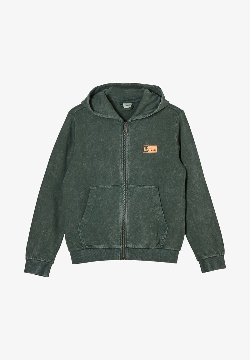 Grön zip-up hoodie i mjukt material. Har en stor huva, två framfickor och en liten logotyp på bröstet. Sliten textur.