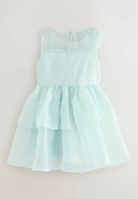 Heled mintsaga kleit kihilise tüllihaka, ilma varrukateta disain, läbipaistev rinnaosa ja nööpidega kinnitamine seljal.