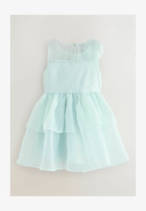 Lahek mint zelena obleka s plastastim tila krilom, brezrokavni dizajn, prosojna bodica in gumbna zaponka na hrbtu.