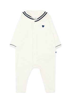 Body blanc pour bébé à manches longues, col marin rayé bleu marine, petit cœur bleu marine sur la poitrine et boutons pressions à l'avant.