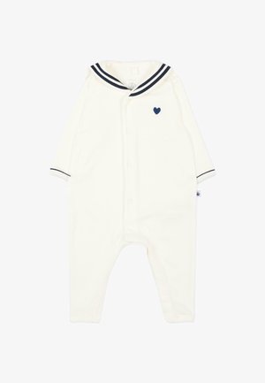 Body bianco per neonato con maniche lunghe, colletto da marinaio a righe blu navy, piccolo cuore blu navy sul petto e bottoni a pressione frontali.