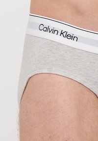 Slip in cotone grigio con vestibilità aderente, dotato di un elastico bianco con la scritta nera "Calvin Klein" e due sottili strisce grigie.