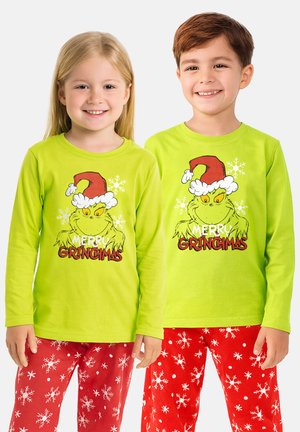 Green long-sleeve shirts featuring a Grinch graphic with a Santa hat, paired with red pajama bottoms decorated with white snowflakes.
