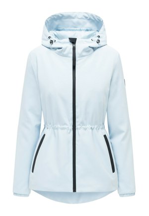 Veste à capuche bleu clair avec fermeture éclair noire et bordures de poches, taille élastique et cordons de capuche réglables.