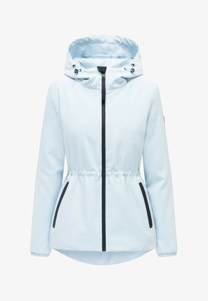 Lichtblauwe gewatteerde jas met capuchon, zwarte rits en afwerking van de zakken, elastische taille en verstelbare trekkoorden voor de capuchon.