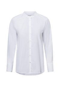 White long-sleeve shirt made of smooth fabric featuring a mandarin collar, front button closure, and a curved hem.