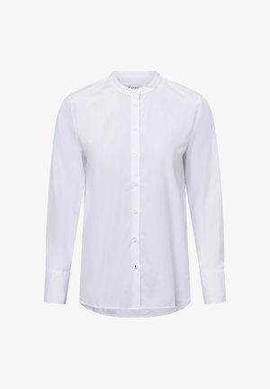 White long-sleeve shirt made of smooth fabric featuring a mandarin collar, front button closure, and a curved hem.