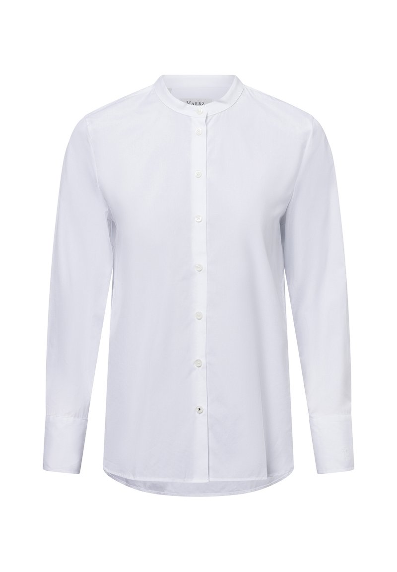 White long-sleeve shirt made of smooth fabric featuring a mandarin collar, front button closure, and a curved hem.