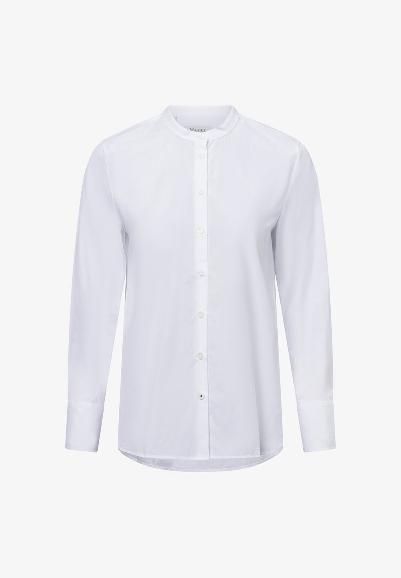 White long-sleeve shirt made of smooth fabric featuring a mandarin collar, front button closure, and a curved hem.