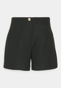 Černé, texturované šortky s vysokým pasem, s předním zapínáním na knoflík a bez viditelných kapes. Tkanina má tkaný vzor.