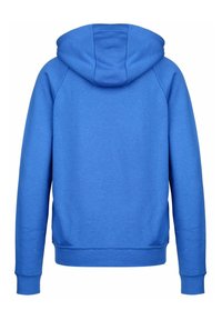 Felpa con cappuccio blu, in misto cotone, con schiena senza caratteristiche, polsini e orlo a coste, texture liscia, senza loghi o design visibili.