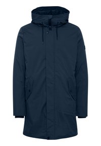 Parka imperméable bleu marine avec capuche, cordons de serrage, deux poches avant et coupe droite. Texture lisse avec un minimum de détails.