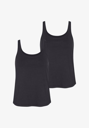 Sorte bomulds tank tops med scoop halsudskæringer og tynde stropper, der har en løs pasform og lige søm, præsenteret i en pakke med to.