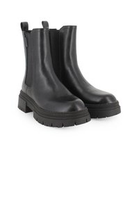 Botas de cuero negras hasta el tobillo con puntera redondeada, paneles laterales elásticos, tiradores y suelas de goma resistentes con un patrón texturizado.