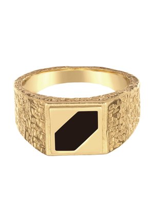 Guld tekstureret båndring med en firkantet flad overflade med en sort diagonal stribe i midten.
