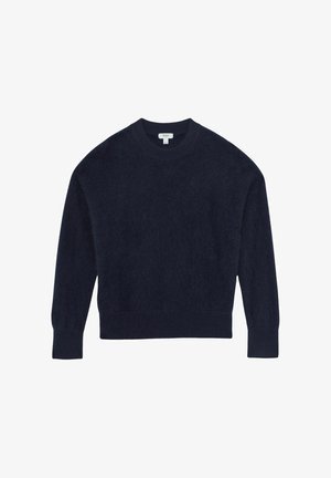 Tumši zilas krāsas adīts džemperis, izgatavots no mīksta, teksturēta auduma. Tam ir apaļa kakla izgriezums un garas piedurknes ar brīvu piegulumu.