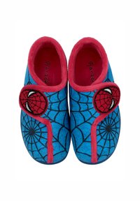 Zapatillas de fieltro azules con acentos rojos, que presentan un patrón de telaraña y emblemas de Spider-Man. Textura suave y cierre de gancho y bucle.