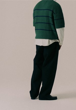 Osoba ubrana w zielony sweter w paski noszony na białej koszuli z guzikami, czarne szerokie spodnie oraz czarne buty, stojąca na jednolitym tle.