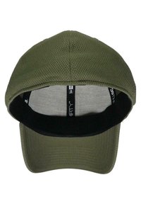 Grüne, strukturierte Kappe mit einem strukturierten Stoff. Gebogener Schirm und internes Netzfutter. Schwarzer Unterschirm und verstellbare innere Riemen sichtbar.