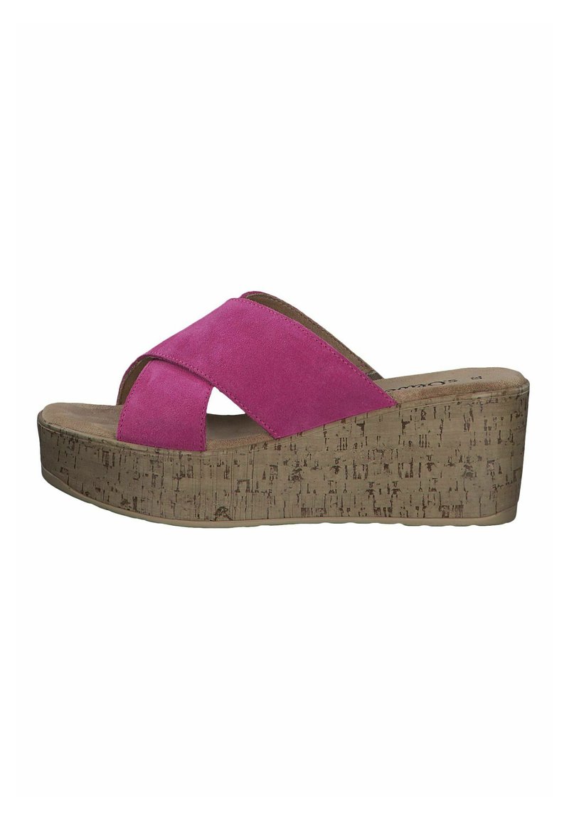 Sandali con zeppa in camoscio rosa, dotati di una piattaforma in sughero, caratterizzati da un design a fasce incrociate e un aspetto naturale testurizzato sulla suola.